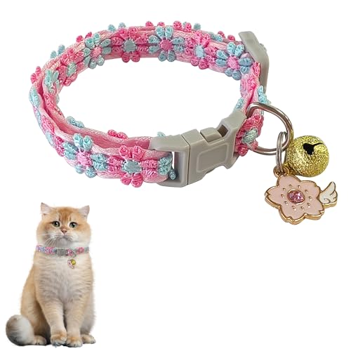 Buntes Blumen Haustier Halsband mit Glöckchen, verstellbares Katzenhalsband mit Glocke und Sicherheitsschnall, Nicht einschränkendes Haustierhalsband für Kätzchen, weich und dekorativ für Alltag von TUYOBG