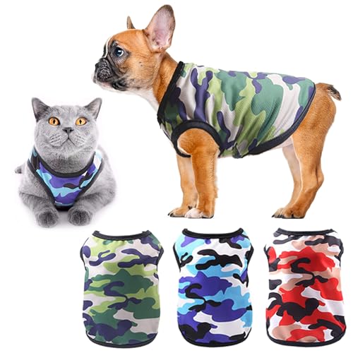 TVMALL 3 Stück Hunde-T-Shirts 100% Baumwolle Katze Hund Kleidung Camo Sporthemden Sommer Mesh atmungsaktiv Hund Weste Modemantel Haustier Beach Wear für Welpen, kleine Hunde und Katzen von TVMALL