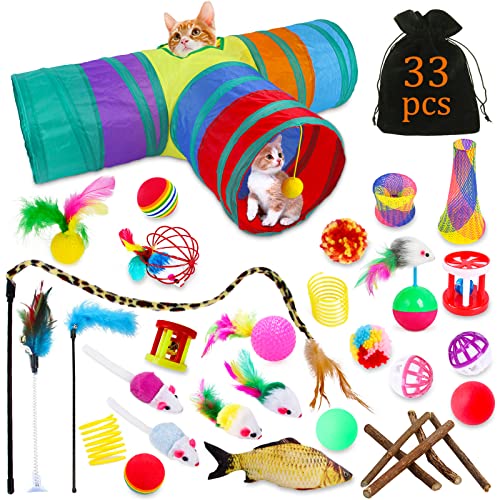 TWBEST 33pcs Katzenspielzeug Set mit Katzentunnel,Katzen Spielzeug,Enthält auch Bälle,Federspielzeug,Plüschspielzeug,Spielzeugmäuse Katzen Spielzeug Variety Pack für Kitty Katzen von TWBEST