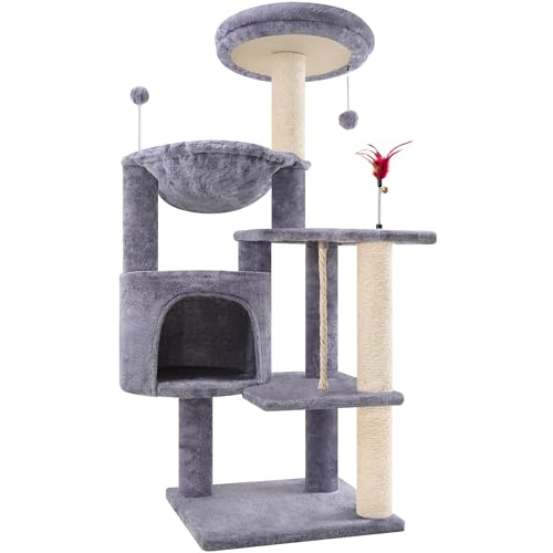 TINWEIUS Katzenbaum für Indor-Katzen, multifunktionaler Katzenturm mit gemütlicher Höhle, Sitzstangen, Kratzbäumen und Hängematte, 107 cm, Grau TINWEIUS Katzenbaum für Indor-Katzen, multifunktionaler Katzenturm mit gemütlicher Höhle, Sitzstangen, Kratzbäumen und Hängematte, 107 cm, Grau von TWDEPART
