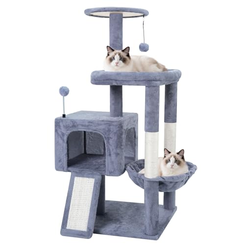TWDEPART Kratzbaum für den Innenbereich, für Katzen und Kätzchen, mehrstöckig, Kletter-Aktivitätsturm mit Kratzbrett, groß (95,5 cm H) – Grau von TWDEPART