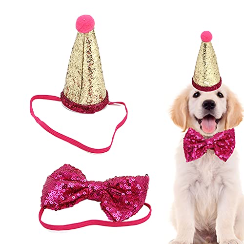 Geburtstagsparty-Zubehör für Hunde und Katzen, Geburtstagshüte und Schleifen, Verstellbare und Wiederverwendbare Geburtstags-Outfits, Dekorationen für Hunde und Katzen (Rosenrot) von TYCIONG
