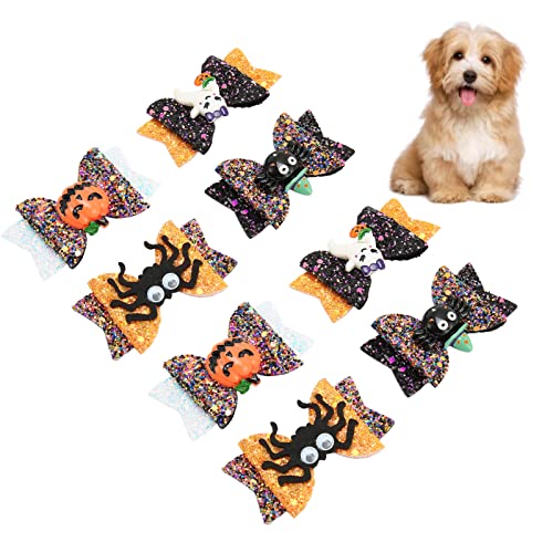 TYCIONG Halloween Hundehaarbögen mit Gummiband Halloween Haustierhaarbögen 8pcs Süße Exquisite Hunde -Topknoten für Welpenpflege mit Kürbisgesichtspinnen -Geistermustern von TYCIONG