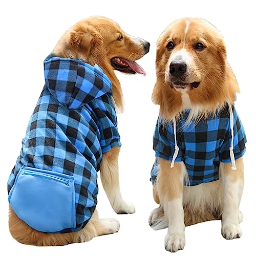 Hunde-Kapuzenpullover mit Tasche, Haustierkleidung, warmer Kapuzenpullover, Pullover für kleine, mittelgroße und große Hunde, Blau kariert, Größe 2XL von TYONMUJO