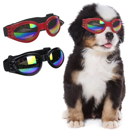 TYXHXTF 2 Pcs Sonnenbrille für Hunde, Hundebrille für Kleine Hunde UV Schutz Winddichte Wasserdichter, Haustier Sonnenbrillen mit Einstellbar Gummiband, Schwarz, Rot von TYXHXTF