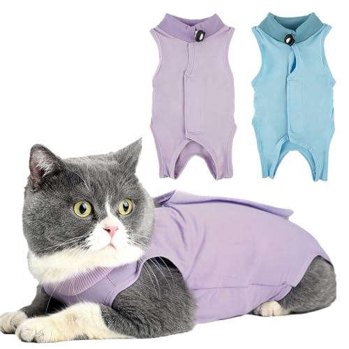 TYXHXTF 2Pcs Katzenbody Nach Op, Erholungsanzug Kleidung, Katzenanzug Nach der Operation Anti-Leck-Anzug, ErholungskragenAlternative für Katzen(M) (Blau+Lila) von TYXHXTF