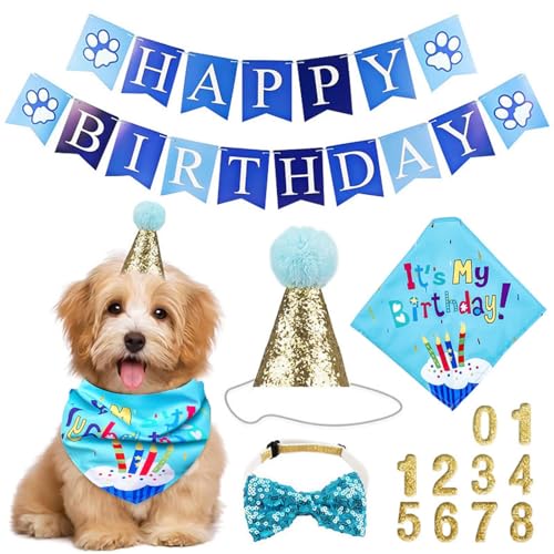 TYXHXTF 5 Stücke Hund Geburtstag Set, Geburtstag Banner, Haustier Geburtstagsset mit Bandana Fliege und Goldenem Pailletten Hut, Geburtstagsparty Zubehör für Hunde Katzen TYXHXTF 5 Stücke Hund Geburtstag Set, Geburtstag Banner, Haustier Geburtstagsset mit Bandana Fliege und Goldenem Pailletten Hut, Geburtstagsparty Zubehör für Hunde Katzen von TYXHXTF