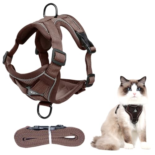 TYXHXTF Katzengeschirr mit Leine Ausbruchsicher, Verstellbar Katzen Geschirr Set, mit Reflektierenden Streifen, Atmungsaktiv Netzgewebe, für Kitten Hunde (M, Kaffee) von TYXHXTF