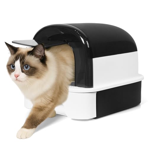 TZHYKPHOME Geschlossene Katzentoilette mit Fronttürklappe und Schaufel, verdeckte Katzentoilette mit Griff und Schnallen für Portabilität und Privatsphäre (glänzendes Schwarz) von TZHYKPHOME