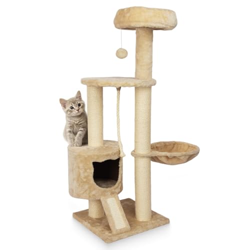 TZHYKPHOME Großer Katzenturm mit verbreiterter Sitzstange für große Katzen, Kätzchen, 114 cm, Katzenturm für Indoor-Katzen, mehrstöckige Katzenhütte, Kratzbäume und Rampe, Katzenkorb (Beige) von TZHYKPHOME
