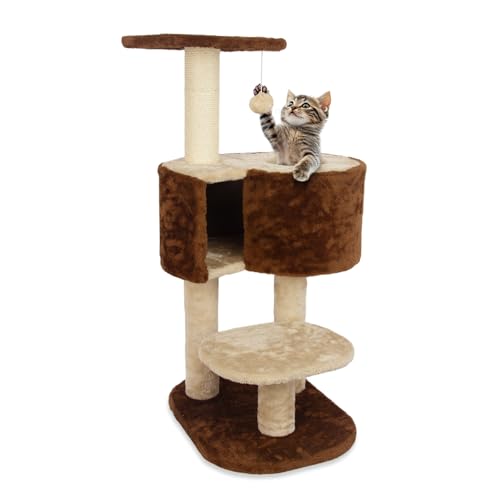 TZHYKPHOME Großer Katzenturm mit verbreiterter Sitzstange für große Katzen, Kätzchen, 114 cm Katzenturm für Indoor-Katzen, mehrstufige Katzenhütte, Kratzbäume und Rampe, Katzenkorb (braun) von TZHYKPHOME