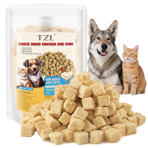Gefriergetrocknete Katzenleckerlis mit Huhn & Kabeljau, Natürliche Hochprotein-Snacks für Hunde, Gesundes Kauspiel mit Wenigen Zutaten 50g von TZL