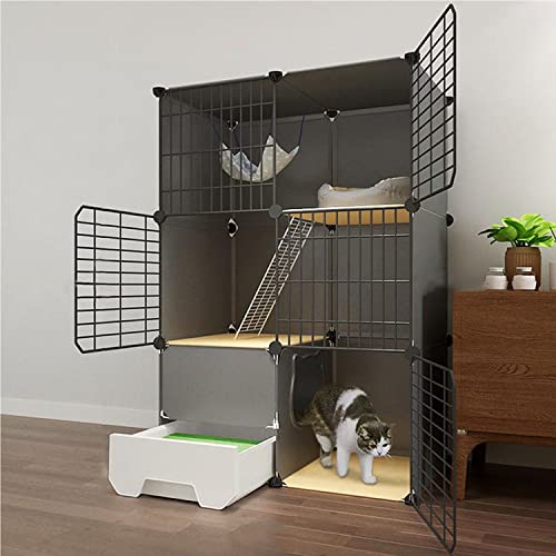 Katzenkäfige für den Innenbereich, groß, mit Katzentoilette, DIY-Katzenlaufstall in Schwarz, Katzengehege für den Innenbereich, Laufstall für Haustiere, mit Katzenstreuschaufel + Leiter + Ka von TZUFA