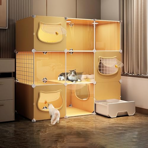 Katzenkäfige für drinnen, Kleintier-Laufstall, mit unabhängiger ausziehbarer Katzentoilette und Katzentür, Sie können frei kommen und gehen, EIN großer Spielplatz für Katzen (Farbe: Gelb, Gr von TZUFA