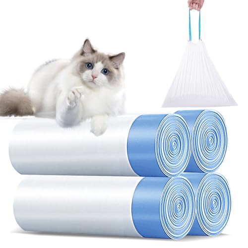 TaFoyu Katzentoilettenbeutel mit Zugbändern, Mülltüten mit Tragegriff Selbstreinigende Katzentoilette Müllbeutel,Kratzfest für Haustier Katze Hunde Hundekot Katzenstreu 4 Rollen/60Stück von TaFoyu