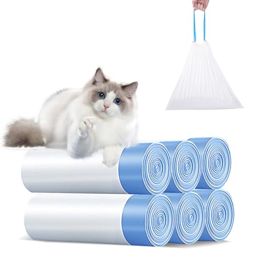 TaFoyu Katzentoilettenbeutel mit Zugbändern, Mülltüten mit Tragegriff Selbstreinigende Katzentoilette Müllbeutel,Kratzfest für Haustier Katze Hunde Hundekot Katzenstreu 6 Rollen/90Stück von TaFoyu