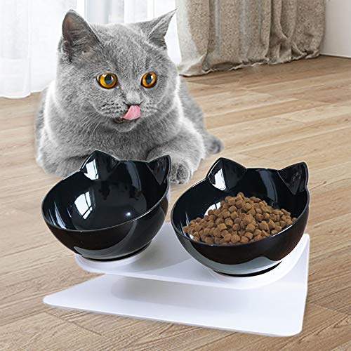 TaNeHaKi Schüssel für Katzen, doppelte Futternäpfe für Katzen, neigbar um 15 °, doppelte Futterschüssel, für Katzen und Welpen (schwarz) von TaNeHaKi
