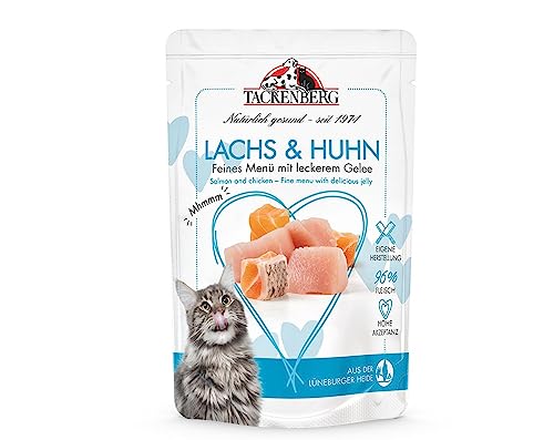 TACKENBERG Katzenfutter Lachs und Huhn, Nassfutter für Katzen - 24x85 g - Hochwertiges Katzennassfutter für eine ausgewogene Ernährung in Premiumqualität - ohne Zuckerzusatz, 24x85 g von Tackenberg