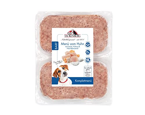 TACKENBERG Barf Menü mit Hühnerfleisch, Lachs, Kokos und Nachtkerzenöl für Hunde - 28 x 500 g - leckeres Frostfleisch als Hundefutter in Premiumqualität - Gefrierfutter von Tackenberg
