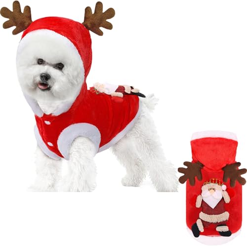 Hunde Weihnachtspullover, Haustier Weihnachtskleidung mit Geweih, Kapuze, niedlicher Weihnachtsmann, Katze, Hund, Weihnachts Outfit, Flanell, Thermo Winter Herbst Haustier Weihnachtskostüm, Größe M von Tadoiooy