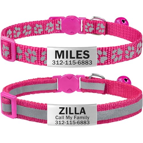 TagME 2er Pack Katzenhalsband mit Namen und Telefonnummer, Katzenhalsband mit Sicherheitsverschluss und glöckchen, 18-31 cm für Katzen, Hot Pink von TagME