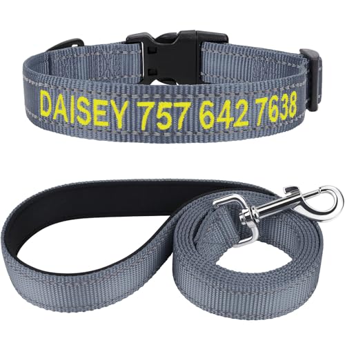 TagME Hundehalsband und Leine, Personalisierbar Reflektierendes Hundehalsband Mit 1.5M Doppelseitige Reflektierende Hundeleine für Kleine, Grau von TagME