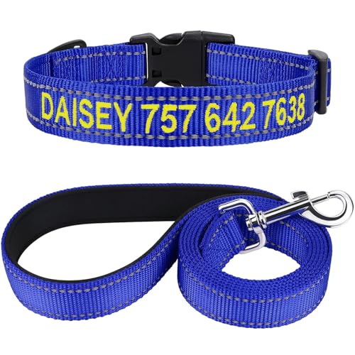 TagME Hundehalsband und Leine, Personalisierbar Reflektierendes Hundehalsband Mit 1.5M Doppelseitige Reflektierende Hundeleine für Kleine, Königsblau von TagME