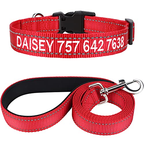 TagME Hundehalsband und Leine, Personalisierbar Reflektierendes Hundehalsband Mit 1.5M Doppelseitige Reflektierende Hundeleine für Kleine, Rot von TagME