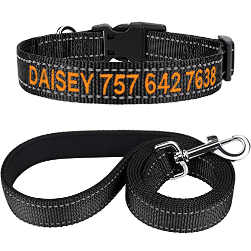 TagME Hundehalsband und Leine, Personalisierbar Reflektierendes Hundehalsband Mit 1.5M Doppelseitige Reflektierende Hundeleine für Kleine, Schwarz von TagME
