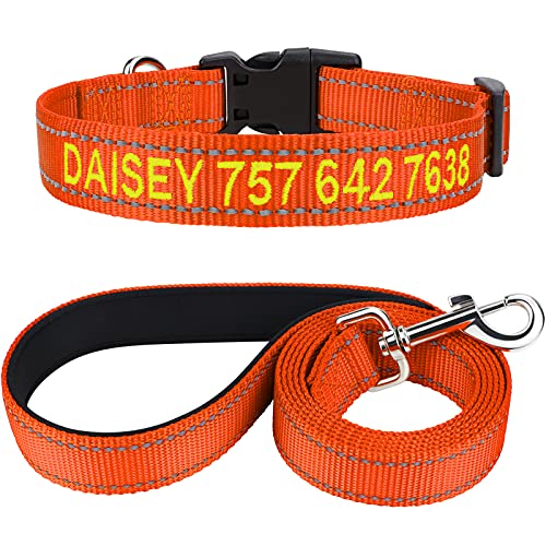 TagME Hundehalsband und Leine, Personalisierbar Reflektierendes Hundehalsband Mit 1.5M Doppelseitige Reflektierende Hundeleine für Mittelgroße, Orange von TagME