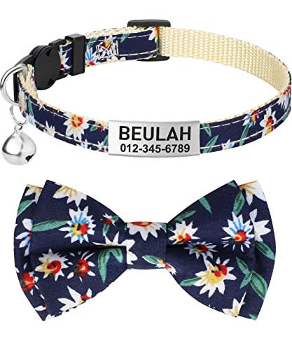 TagME Katzen halsbänder mit Namen und Telefonnummer Auf, Kätzchenhalsband mit Sicherheits Verschluss und Glöckchen, Blume Navy Blau von TagME