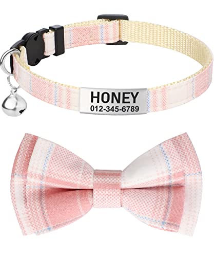 TagME Katzen halsbänder mit Namen und Telefonnummer Auf, Kätzchenhalsband mit Sicherheits Verschluss und Glöckchen, Plaid Baby Pink von TagME