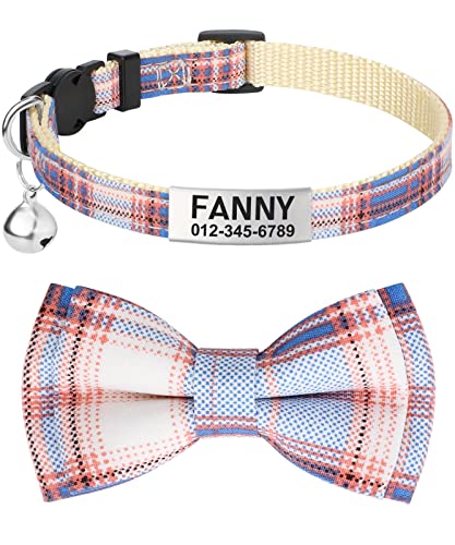 TagME Katzen halsbänder mit Namen und Telefonnummer Auf, Kätzchenhalsband mit Sicherheits Verschluss und Glöckchen, Plaid Navy Blau von TagME