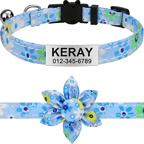 TagME Katzenhalsband mit Namen, Personalisiert Katzen Halsbänder mit Sicherheitsverschluss und Glöckchen, 20+ Muster mit Blumenzubehör, Baby blau, 1 Pack von TagME