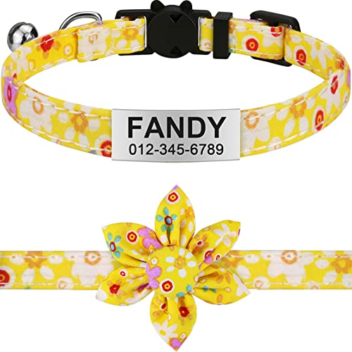TagME Katzenhalsband mit Namen, Personalisiert Katzen Halsbänder mit Sicherheitsverschluss und Glöckchen, 20+ Muster mit Blumenzubehör, Gelb Blume, 1 Pack von TagME