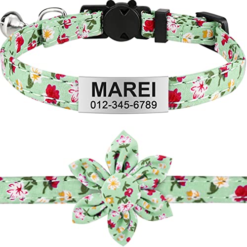 TagME Katzenhalsband mit Namen, Personalisiert Katzen Halsbänder mit Sicherheitsverschluss und Glöckchen, 20+ Muster mit Blumenzubehör, Hellgrün Blume, 1 Pack von TagME