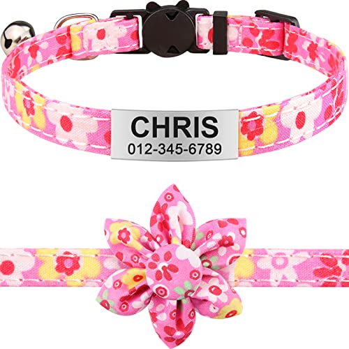TagME Katzenhalsband mit Namen, Personalisiert Katzen Halsbänder mit Sicherheitsverschluss und Glöckchen, 20+ Muster mit Blumenzubehör, Pink Blume, 1 Pack von TagME