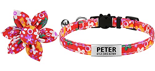 TagME Katzenhalsband mit Namen, Personalisiert Katzen Halsbänder mit Sicherheitsverschluss und Glöckchen, 20+ Muster mit Blumenzubehör, Rot Blume, 1 Pack von TagME