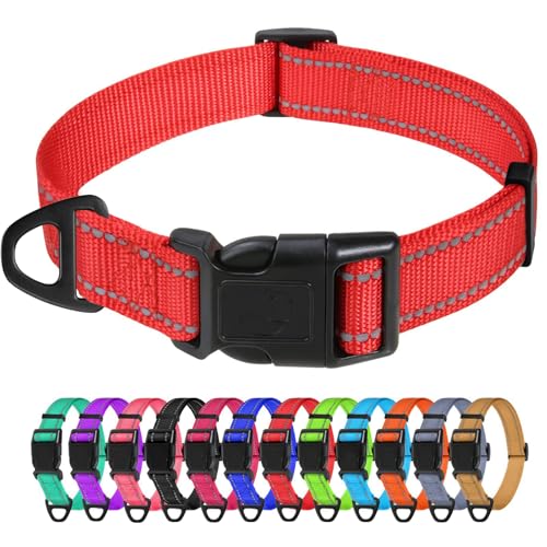 TagME Nylon Hundehalsband, Verstellbares Reflektierendes Hundehalsband mit Sicherheitsschnalle für Kleiner Hund, Rot, 2.0cm Breite von TagME