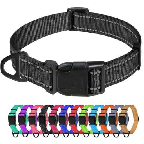 TagME Nylon Hundehalsband, Verstellbares Reflektierendes Hundehalsband mit Sicherheitsschnalle für Kleiner Hund, Schwarz, 2.0cm Breite von TagME