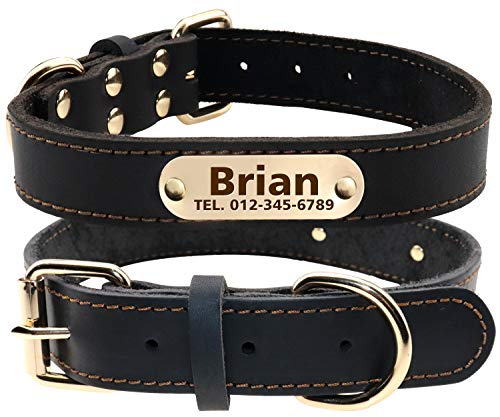 TagME Personalisierte Hundehalsbänder aus Leder mit Eingraviertem Namen und Telefonnummer/Hundehalsbänder aus Echtem Leder für Große Hunde/Schwarz von TagME