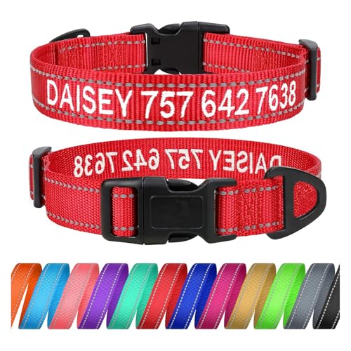 TagME Personalisierte Hundehalsband für Große Hund Mit Gestickten, Reflektierendes Nylon Hundehalsband Mit Pet Name & Telefonnummer, Rot L von TagME