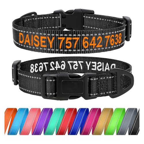 TagME Personalisierte Hundehalsband für Große Hund Mit Gestickten, Reflektierendes Nylon Hundehalsband Mit Pet Name & Telefonnummer, Schwarz L von TagME