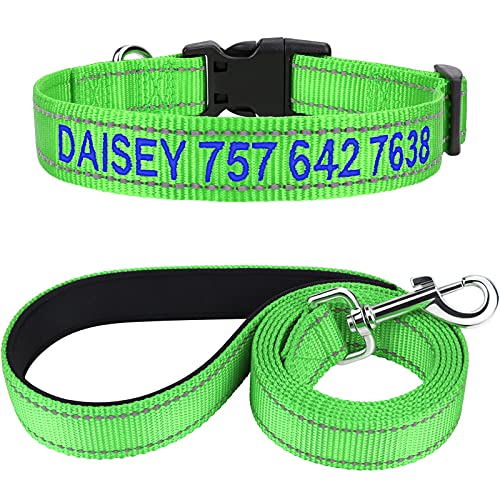TagME Hundehalsband und Leine, Personalisierbar Reflektierendes Hundehalsband Mit 1.5M Doppelseitige Reflektierende Hundeleine für Große Hunde, Grün von TagME
