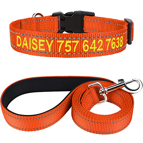 TagME Hundehalsband und Leine, Personalisierbar Reflektierendes Hundehalsband Mit 1.5M Doppelseitige Reflektierende Hundeleine für Große Hunde, Orange von TagME