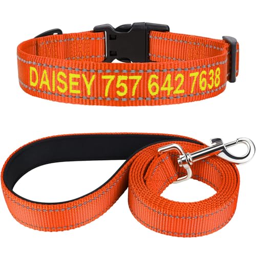 TagME Hundehalsband und Leine, Personalisierbar Reflektierendes Hundehalsband Mit 1.5M Doppelseitige Reflektierende Hundeleine für Große Hunde, Orange von TagME