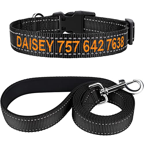 TagME Hundehalsband und Leine, Personalisierbar Reflektierendes Hundehalsband Mit 1.5M Doppelseitige Reflektierende Hundeleine für Große Hunde, Schwarz von TagME