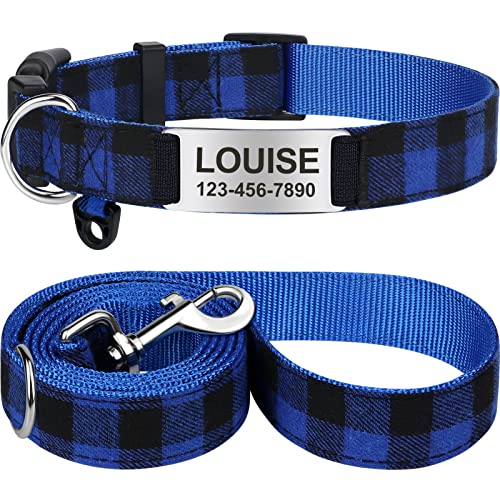 TagME Personalisiertes Hundehalsband und Hundeleine Set Enthalten EIN Kariertes Hundehalsband mit Namensschild und eine 1.5m Hundeleine für Große Hunde, Marineblau von TagME