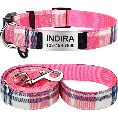 TagME Personalisiertes Hundehalsband und Hundeleine Set Enthalten EIN Kariertes Hundehalsband mit Namensschild und eine 1.5m Hundeleine für Große Hunde, Rosa von TagME