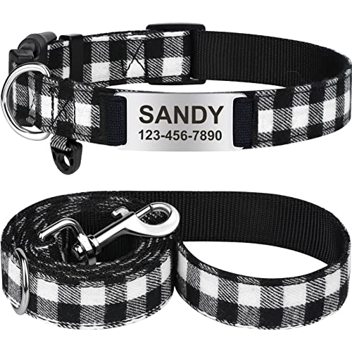 TagME Personalisiertes Hundehalsband und Hundeleine Set Enthalten EIN Kariertes Hundehalsband mit Namensschild und eine 1.5m Hundeleine für Mittelgroße Hunde, Schwarz von TagME